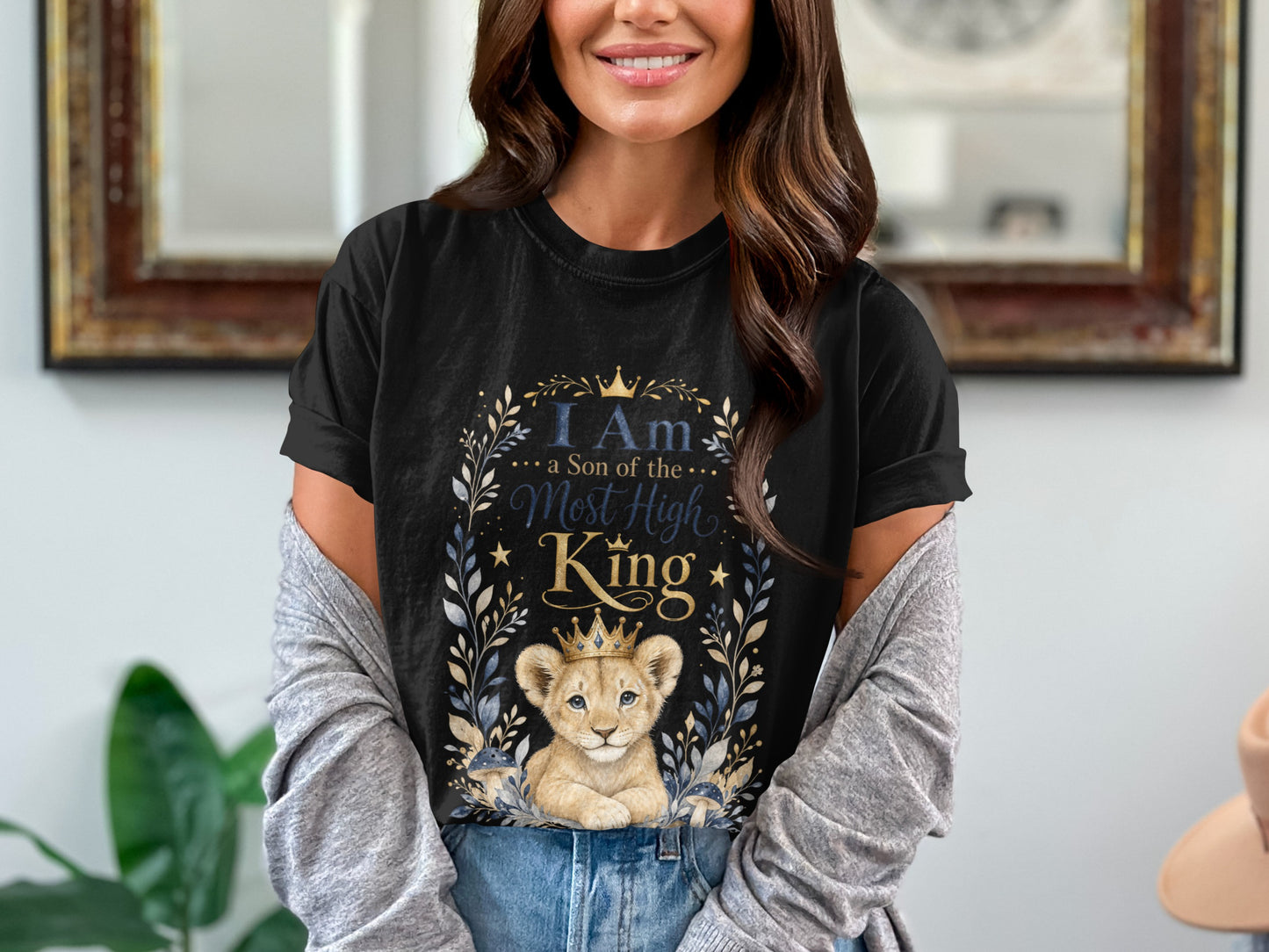 Black t-shirt with a lion cub wearing a crown and "I Am a Son of the Most High King" text.