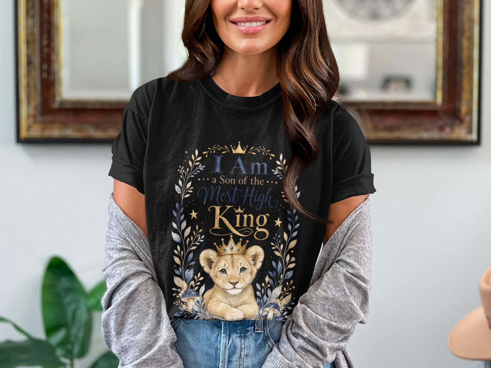 Black t-shirt with a lion cub wearing a crown and "I Am a Son of the Most High King" text.