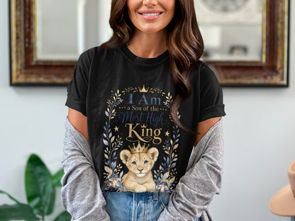 Black t-shirt with a lion cub wearing a crown and "I Am a Son of the Most High King" text.
