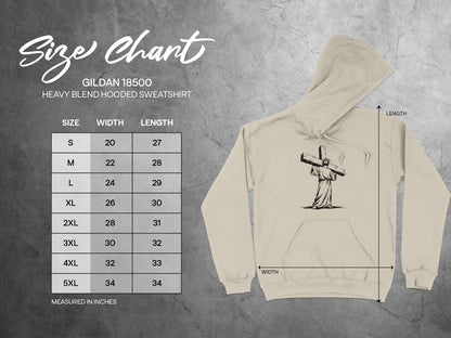 Gildan 18500 hooded sweatshirt size chart showing widths and lengths in inches.