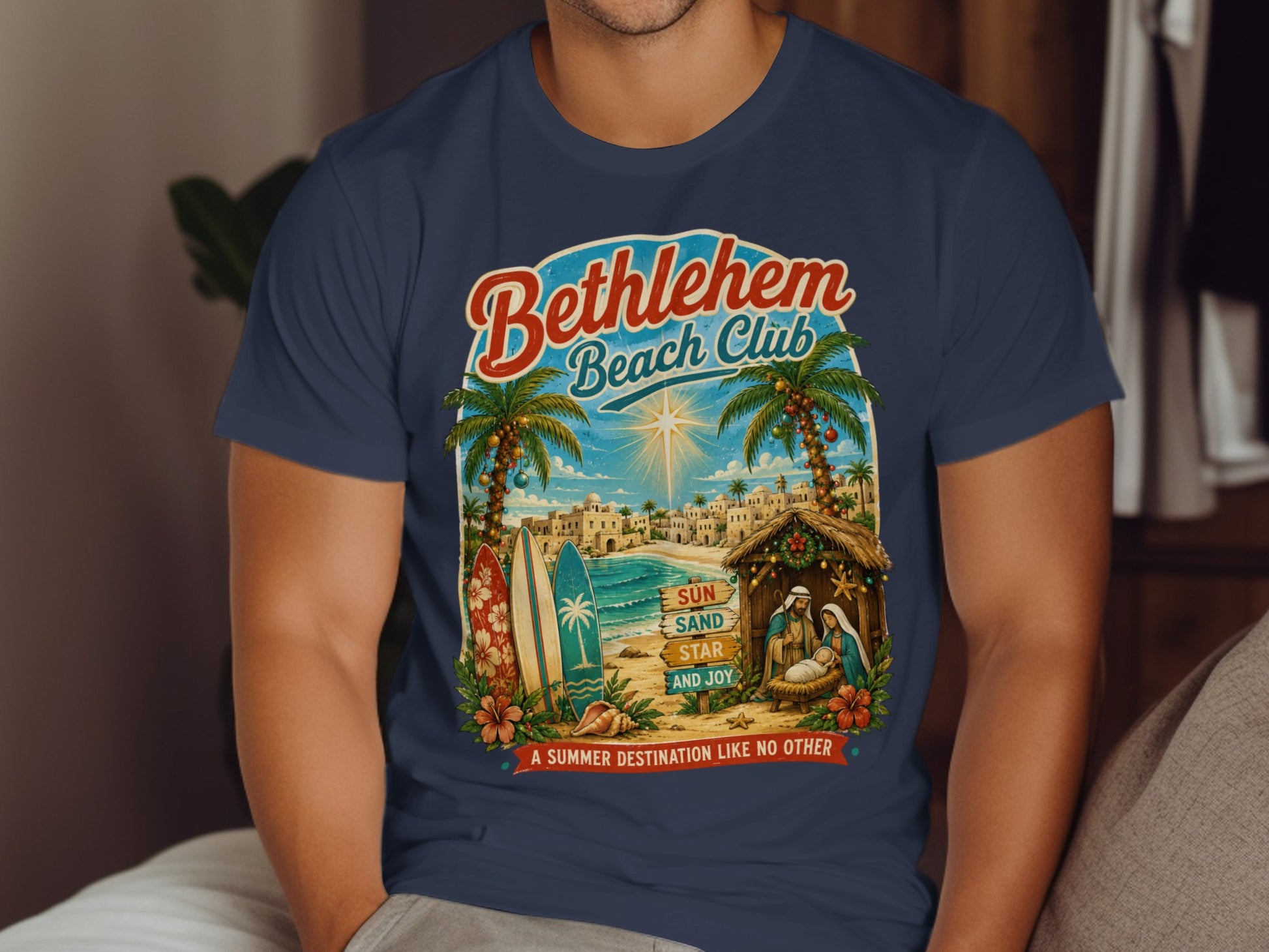 Bethlehem Beach Club graphic with Nativity scene, palm trees, and beach elements.