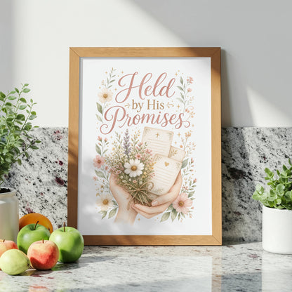 Framed artwork with text "Held by His Promises" and floral watercolor illustration.
