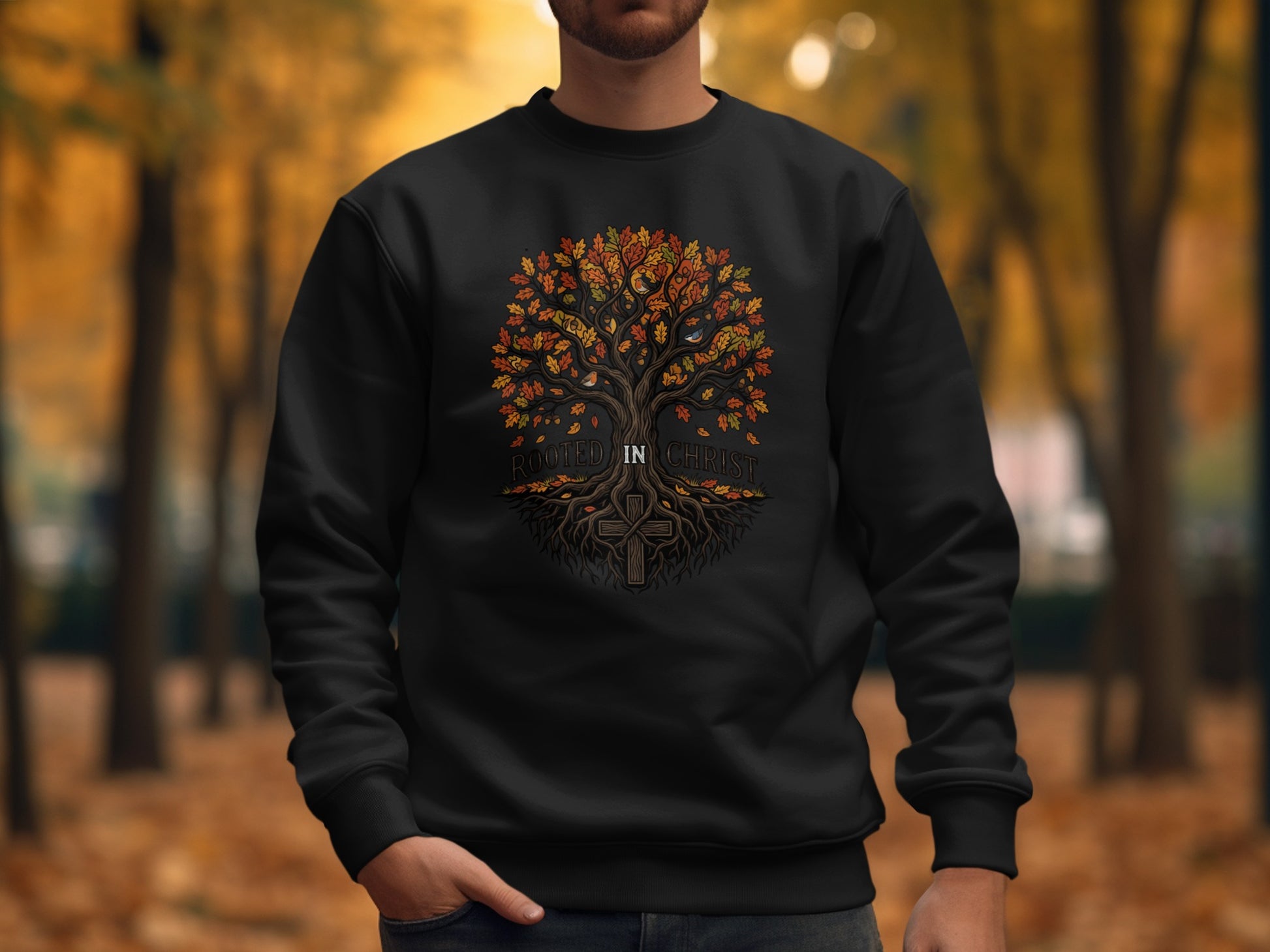 Black sweatshirt with "Rooted in Christ" text and a tree with roots forming a cross.