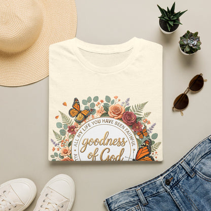 Christian Goodness of God Shirt for Women – His Goodness Never Fails Me Faith Based Floral Graphic Tee