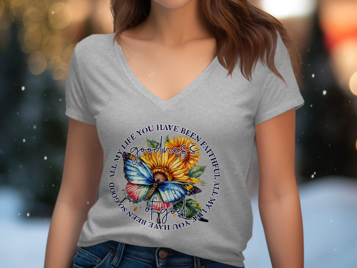 T-shirt with sunflower, butterfly, and text "ALL MY LIFE YOU HAVE BEEN SO GOOD ALL MY LIFE YOU HAVE BEEN FAITHFUL".