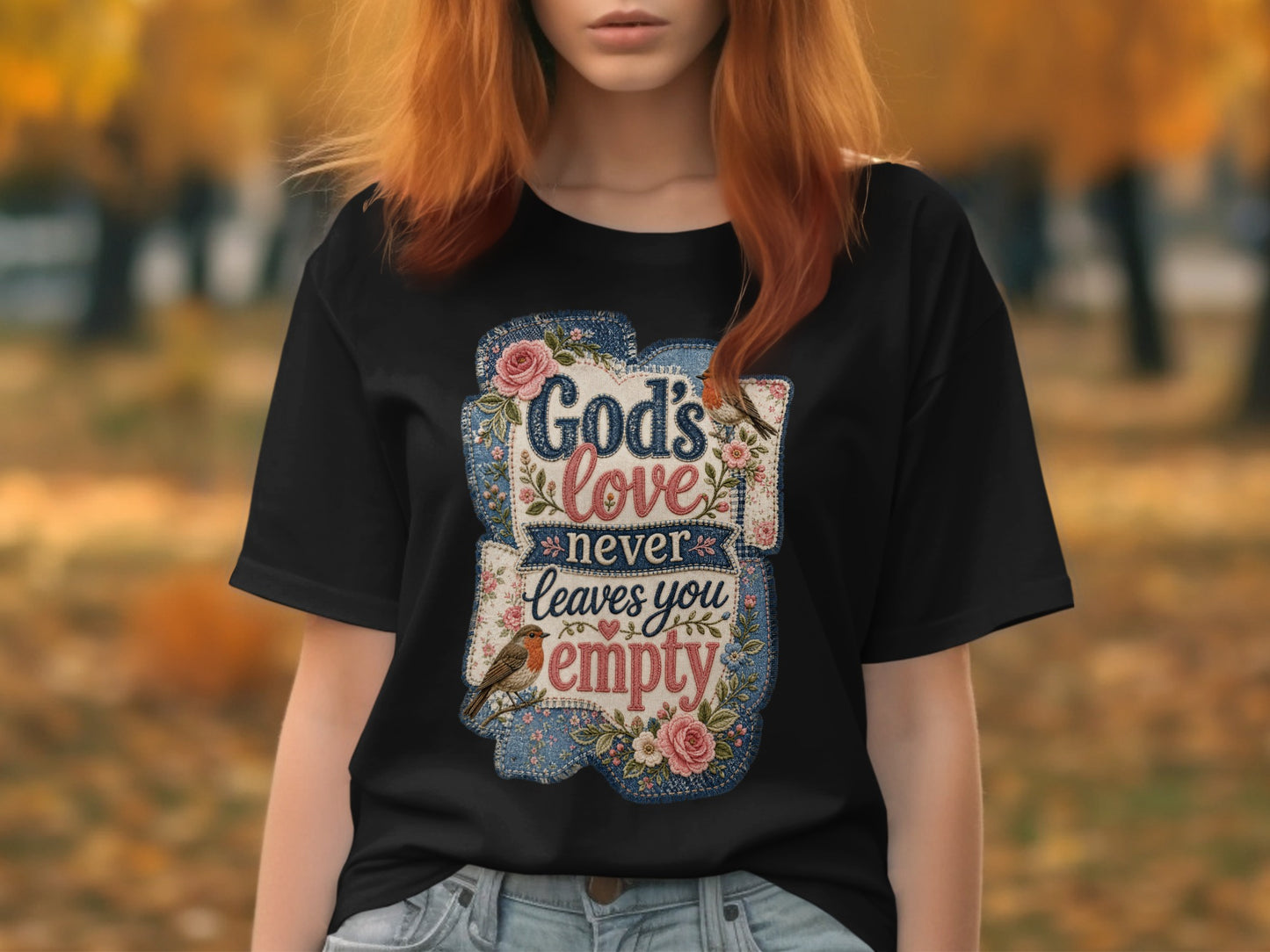 Black t-shirt with "God's love never leaves you empty" text and floral design.
