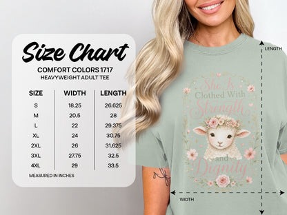 Comfort Colors 1717 size chart with sheep graphic: "She Is Clothed With Strength and Dignity."