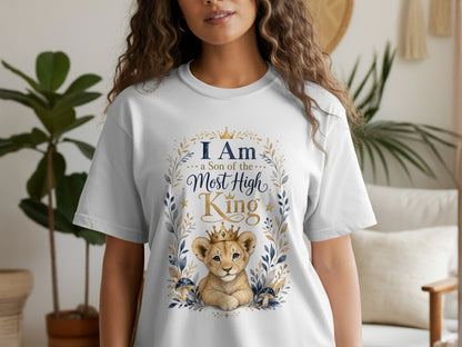 White t-shirt with a watercolor lion cub wearing a crown and the text "I Am a Son of the Most High King."