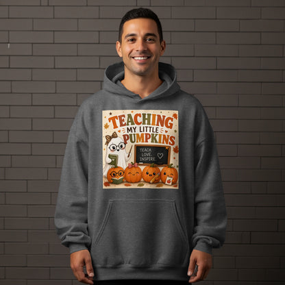 "Teaching my little pumpkins" graphic with ghost teacher and pumpkins on dark grey hoodie.