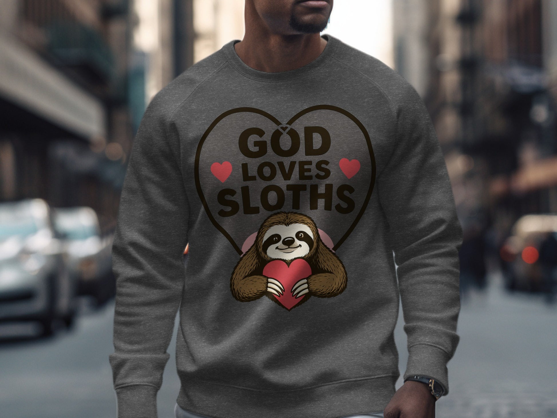 Grey sweatshirt with "God Loves Sloths" text and a sloth holding a heart.
