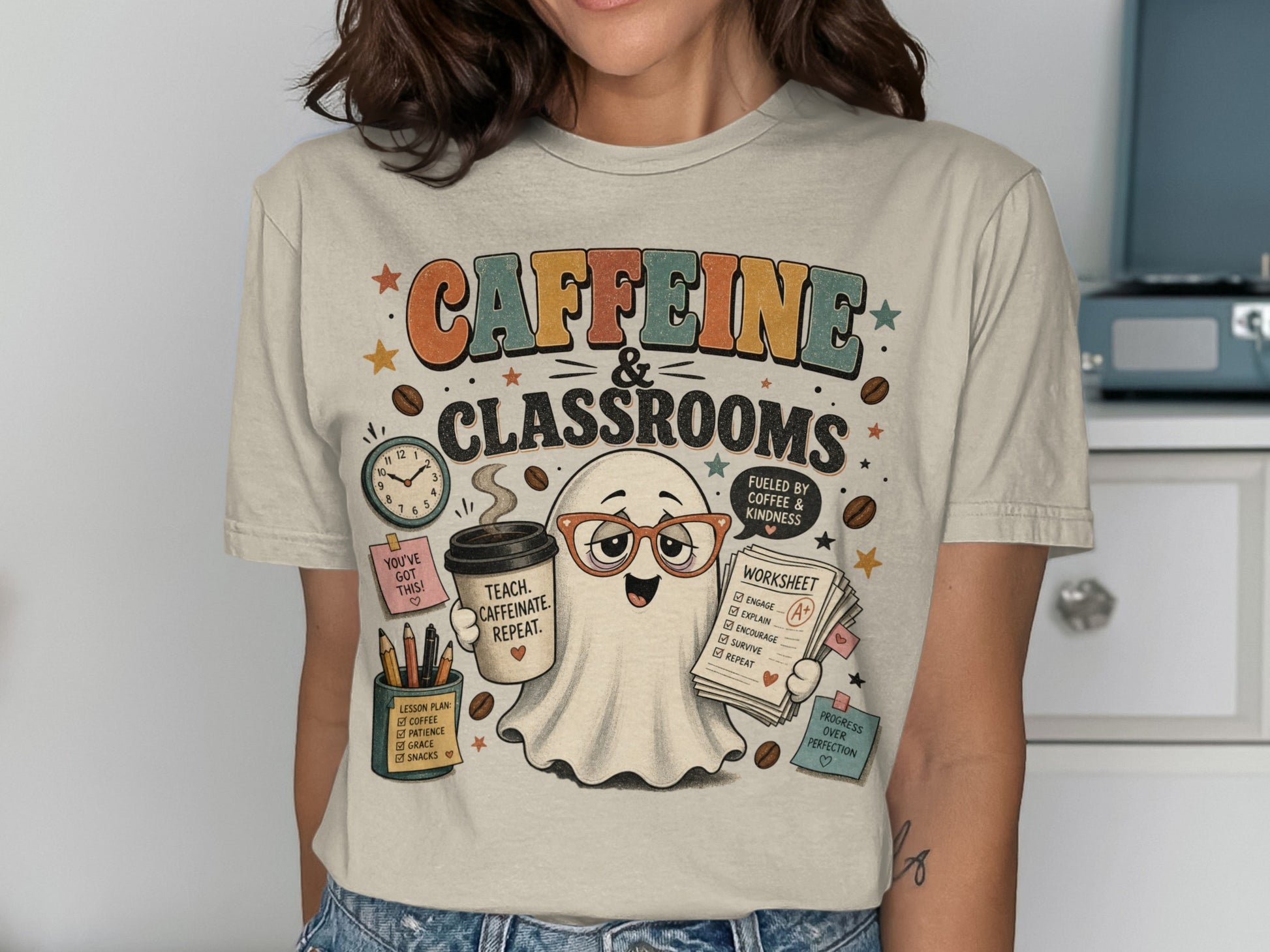 Ghost with glasses holding coffee and worksheet, "Caffeine & Classrooms" text.