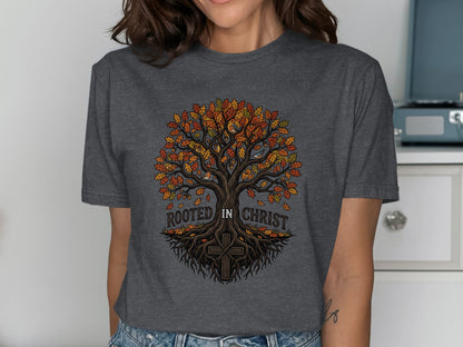 Dark gray t-shirt with a colorful tree and "Rooted in Christ" text.