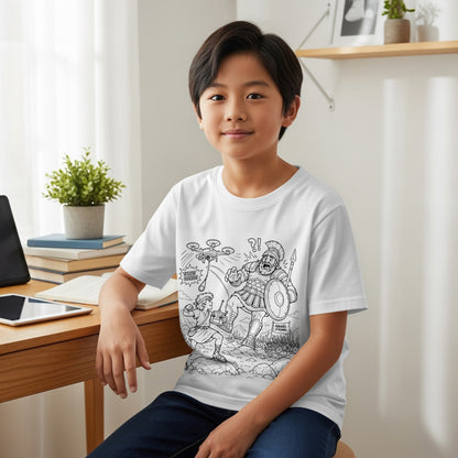 Child wearing a white t-shirt with a drawing of David and Goliath.