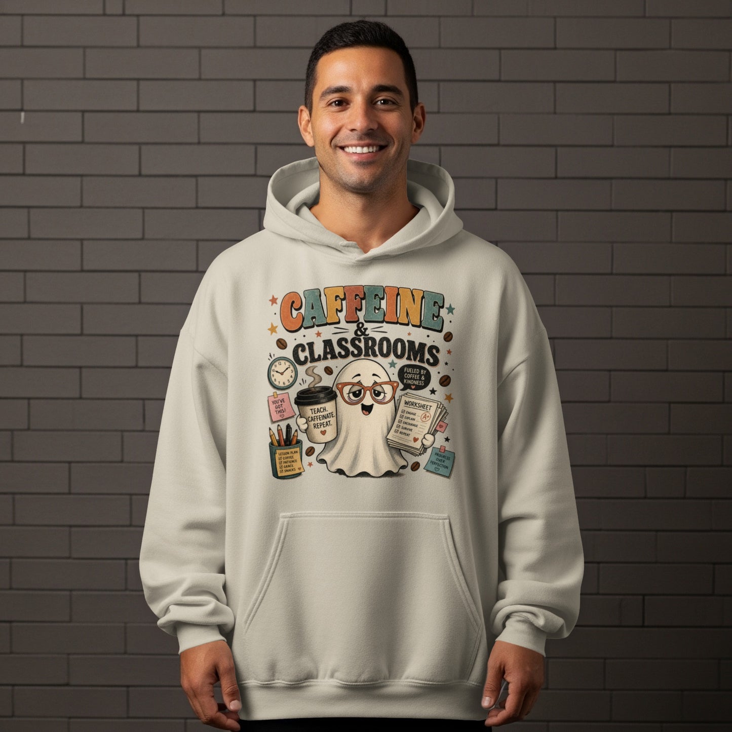 Ghost in glasses holding coffee and a worksheet with "Caffeine & Classrooms" text.