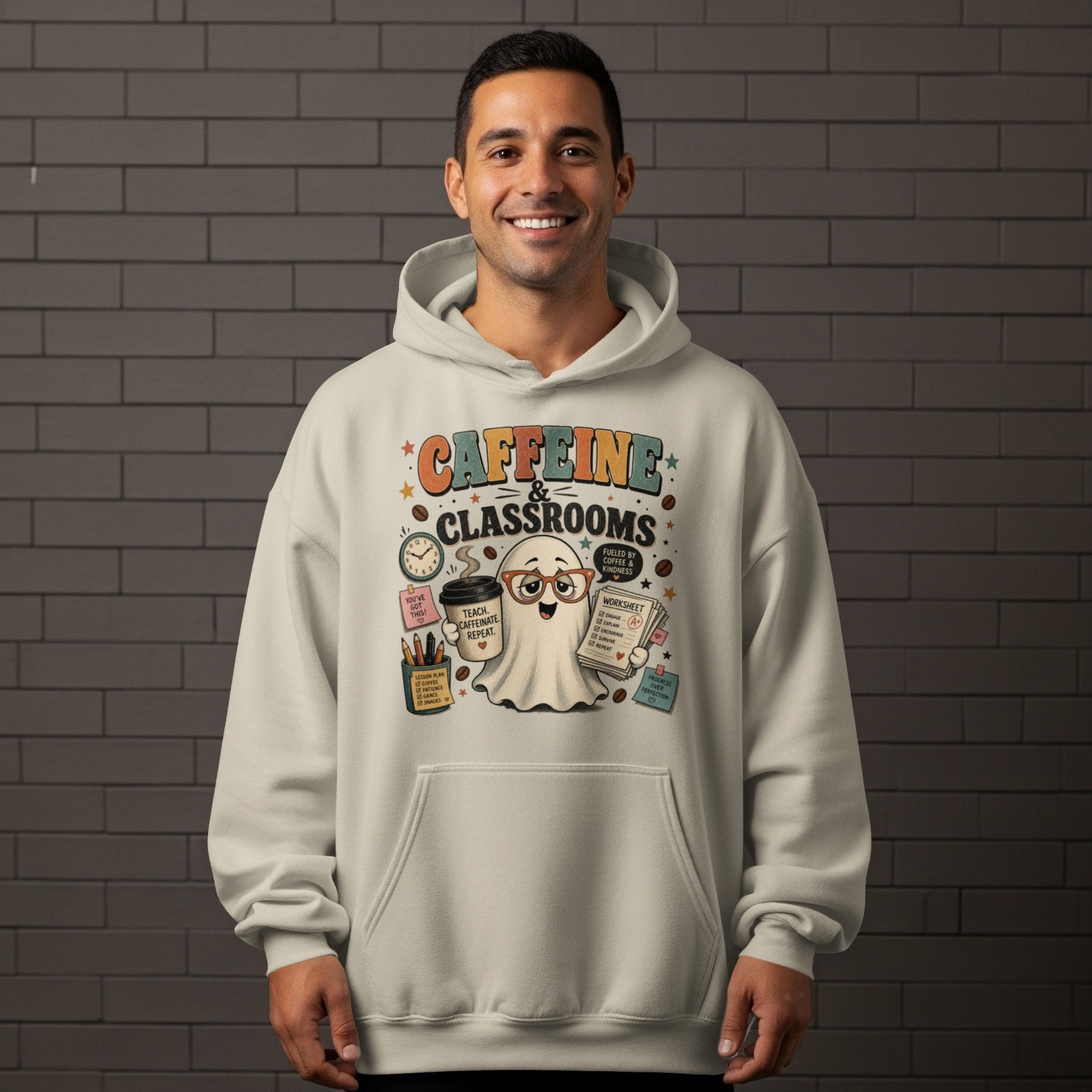 Ghost in glasses holding coffee and a worksheet with "Caffeine & Classrooms" text.