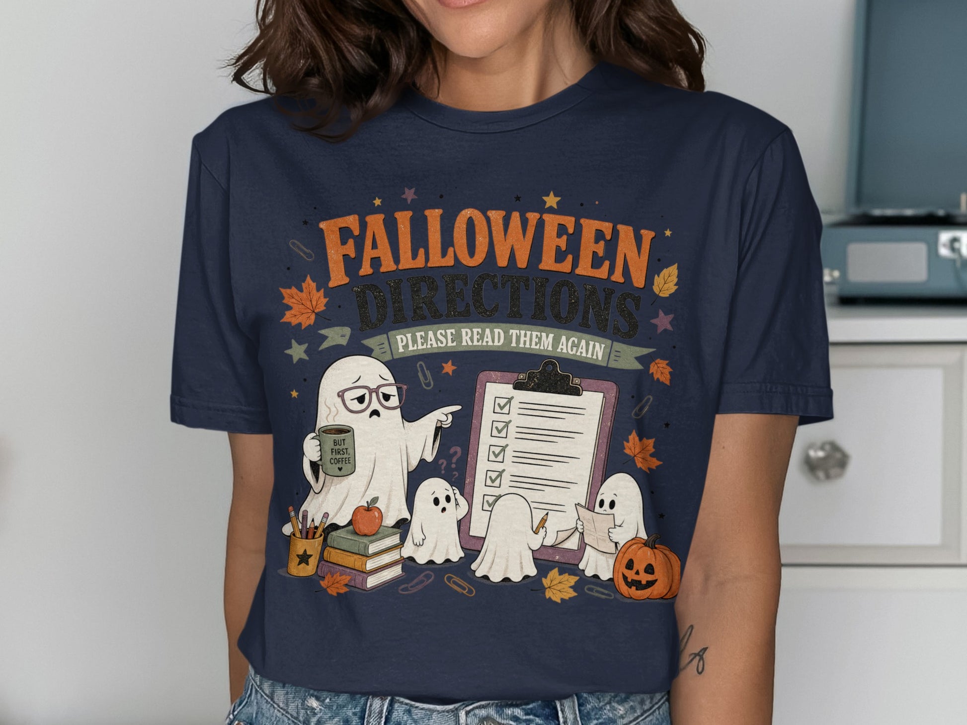 "Falloween Directions" shirt with ghosts, checklist, and a pumpkin.
