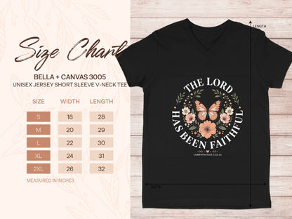 Size chart for Bella+Canvas 3005 unisex v-neck tee with floral "The Lord Has Been Faithful" graphic.
