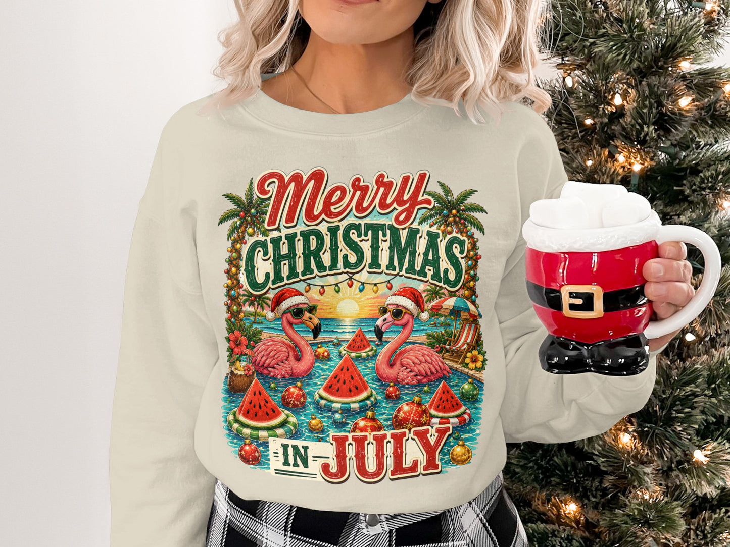 Merry Christmas in July graphic with flamingos and watermelons.