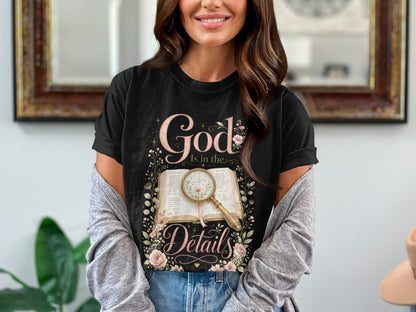 Black t-shirt with "God Is in the Details" text and Bible verse imagery.