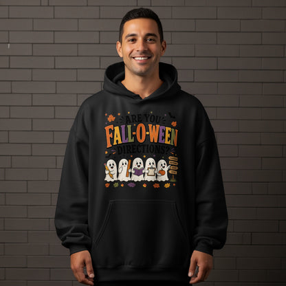 Black hoodie with ghosts holding school supplies and the text "Are You Fall-o-ween Directions?".