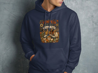 Navy hoodie with "Pumpkin Patch Prayer Club" text and autumn illustrations.