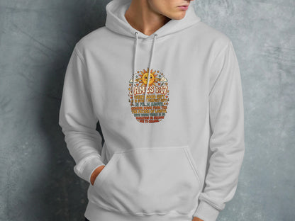 White hoodie with "James 1:17" scripture and sun graphic.