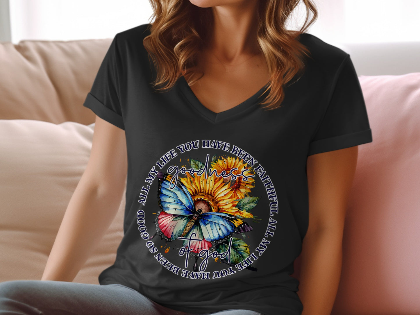 T-shirt with butterfly and sunflower graphic, text: "All my life you have been so good. All my life you have been faithful."
