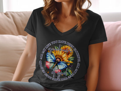 T-shirt with butterfly and sunflower graphic, text: "All my life you have been so good. All my life you have been faithful."