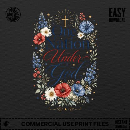 "One Nation Under God" text with patriotic floral wreath and cross.