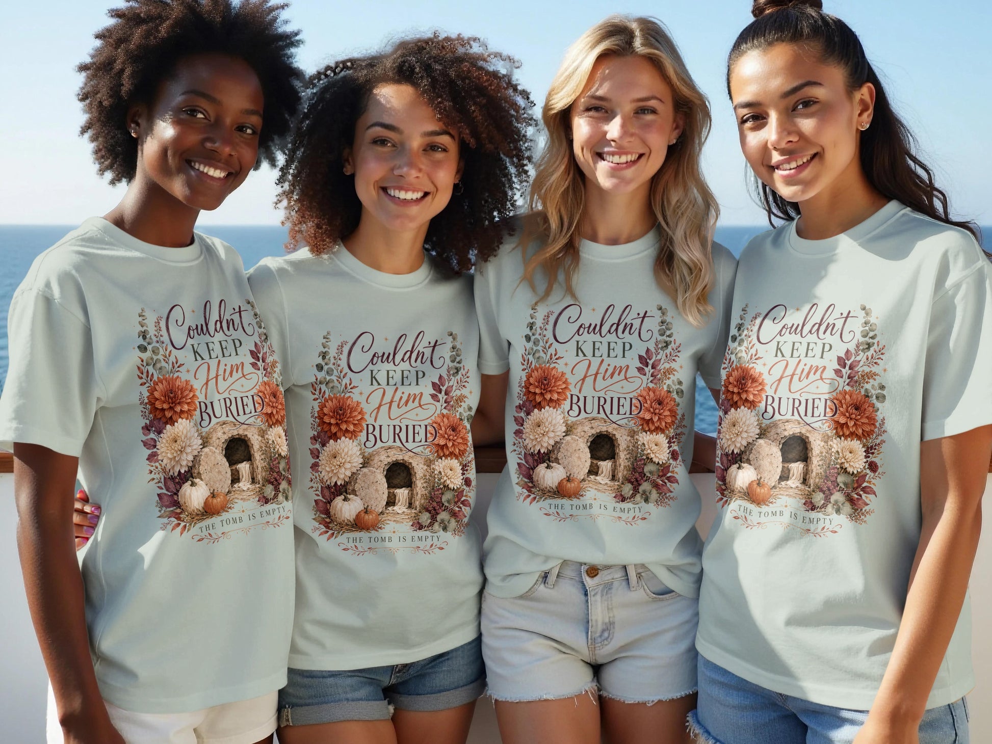 Four women wear light blue t-shirts with an Easter graphic of an empty tomb.