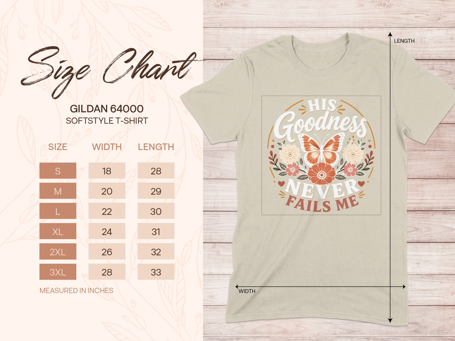 Gildan 64000 t-shirt size chart with butterfly graphic.