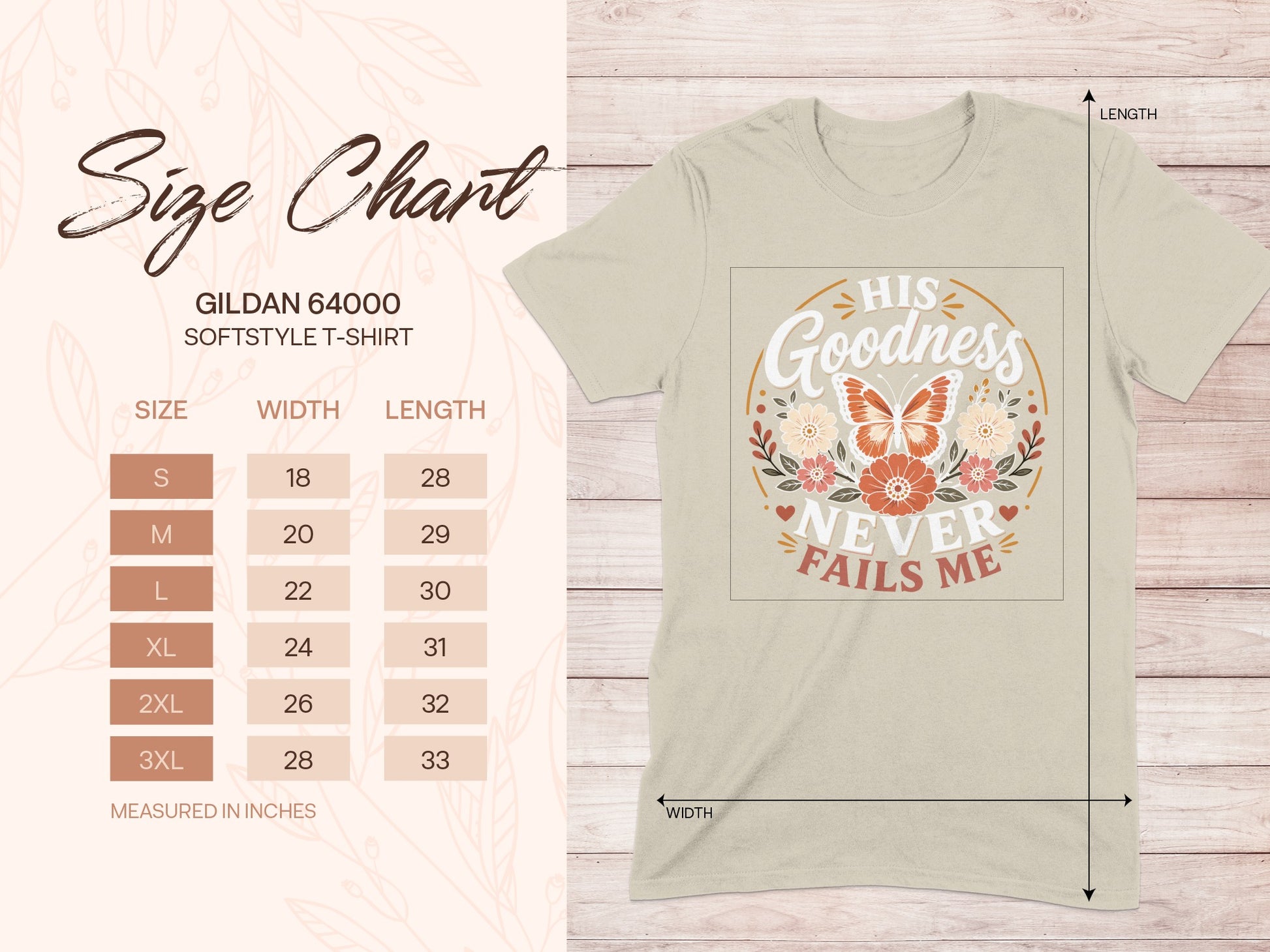 Gildan 64000 t-shirt size chart with butterfly graphic.