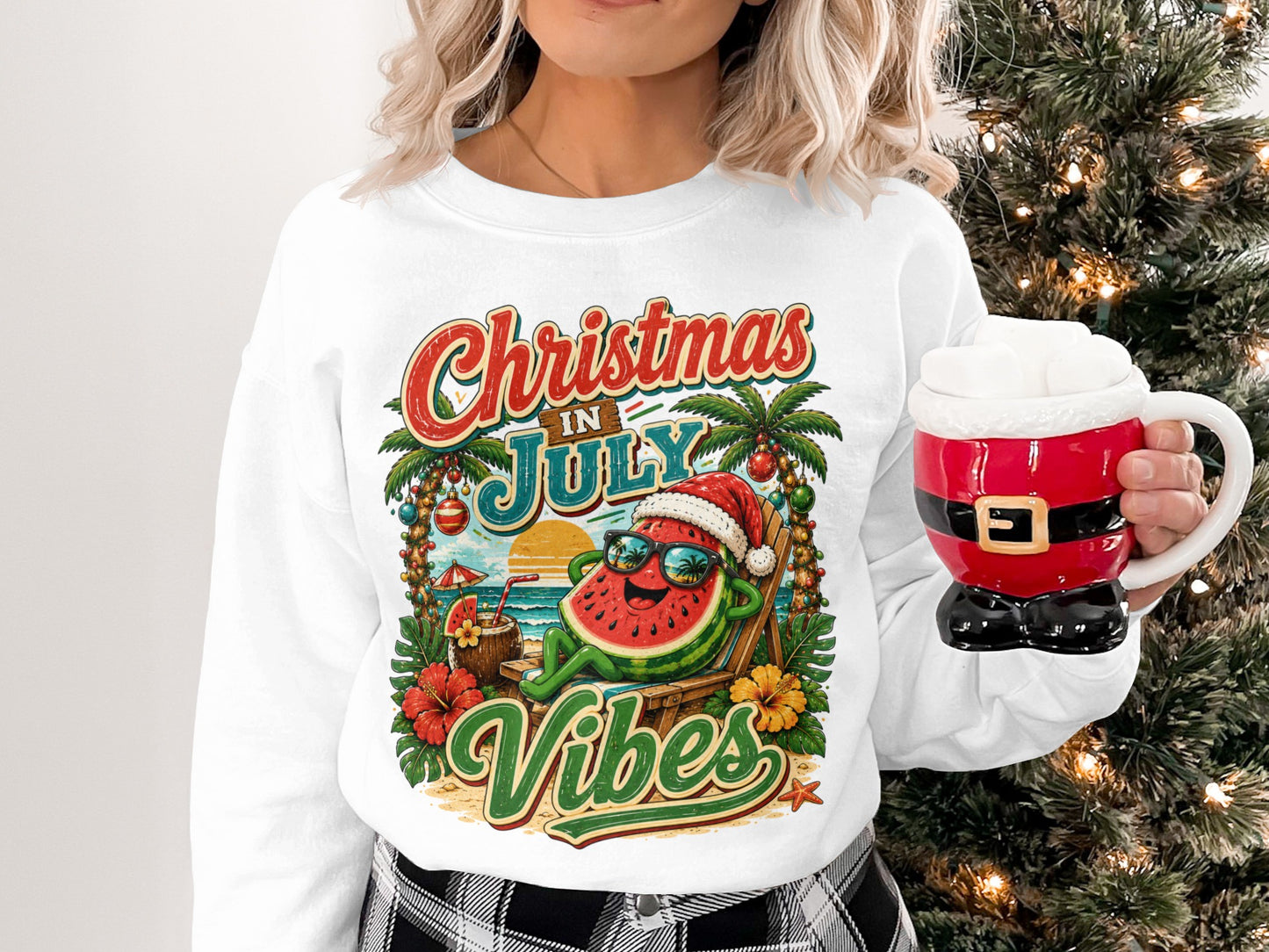 Watermelon in sunglasses relaxing on a beach chair with "Christmas in July Vibes" text.