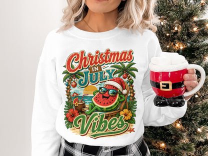 Watermelon in sunglasses relaxing on a beach chair with "Christmas in July Vibes" text.