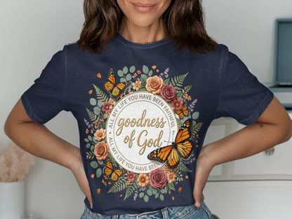 Navy t-shirt with floral and butterfly wreath and text "All my life you have been faithful, goodness of God".