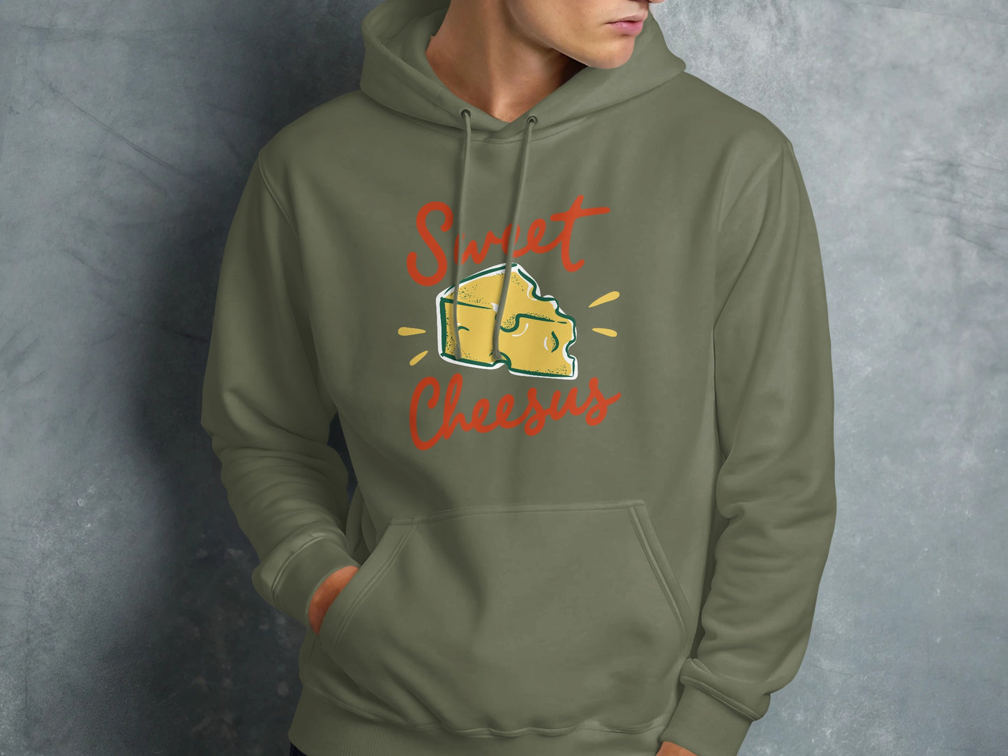 Green hoodie with "Sweet Cheesus" text and cheese illustration.