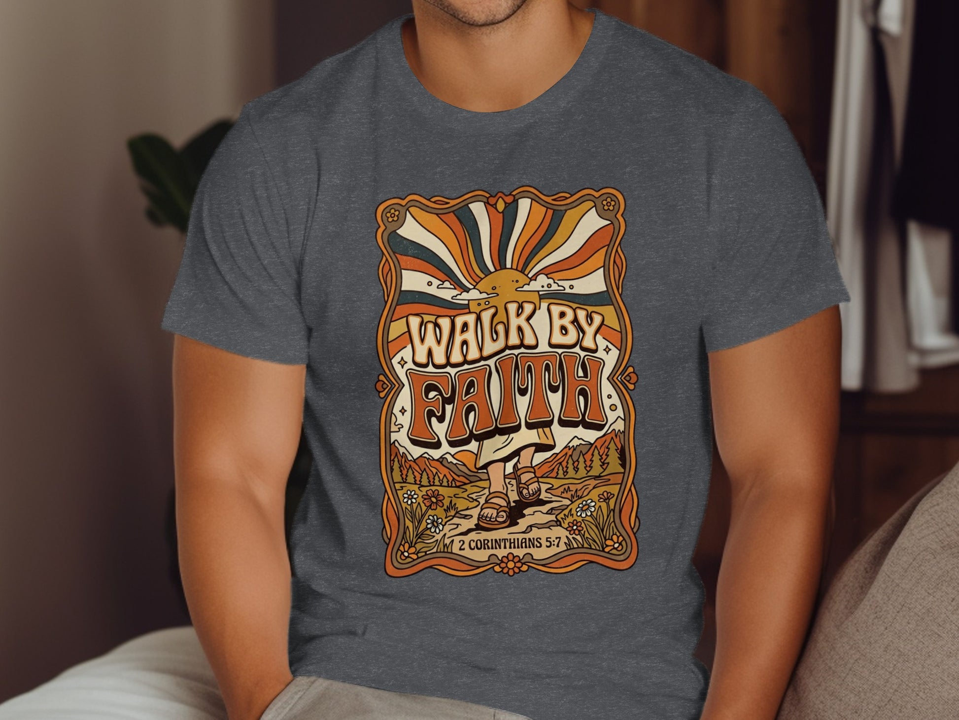 Dark grey t-shirt with "WALK BY FAITH" in retro font and 2 Corinthians 5:7.