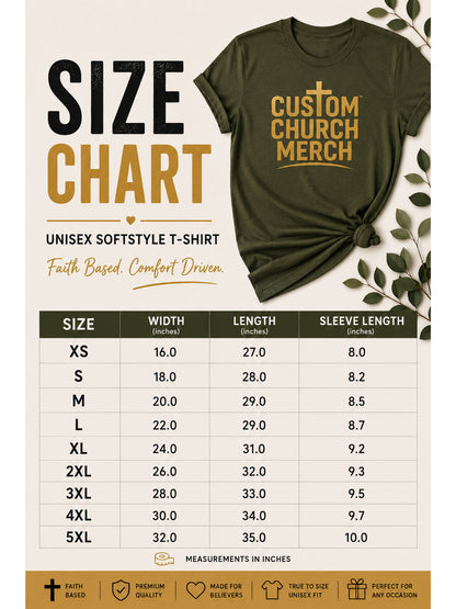 Unisex t-shirt size chart with measurements in inches for width, length, and sleeve.