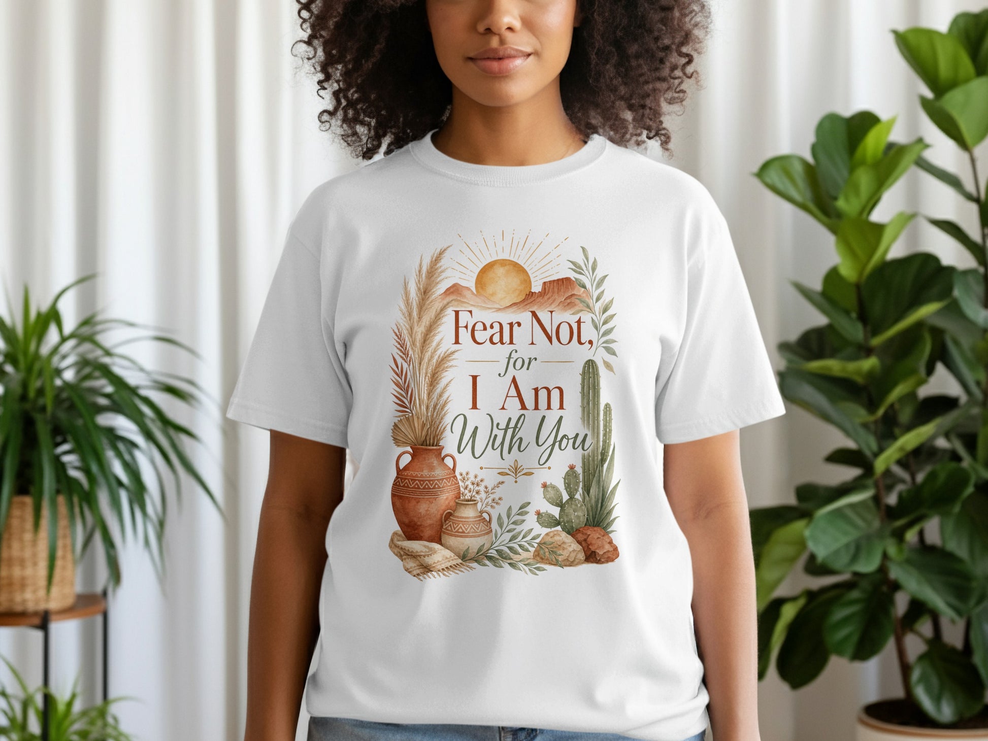 White t-shirt graphic with "Fear Not, for I Am With You" in text.