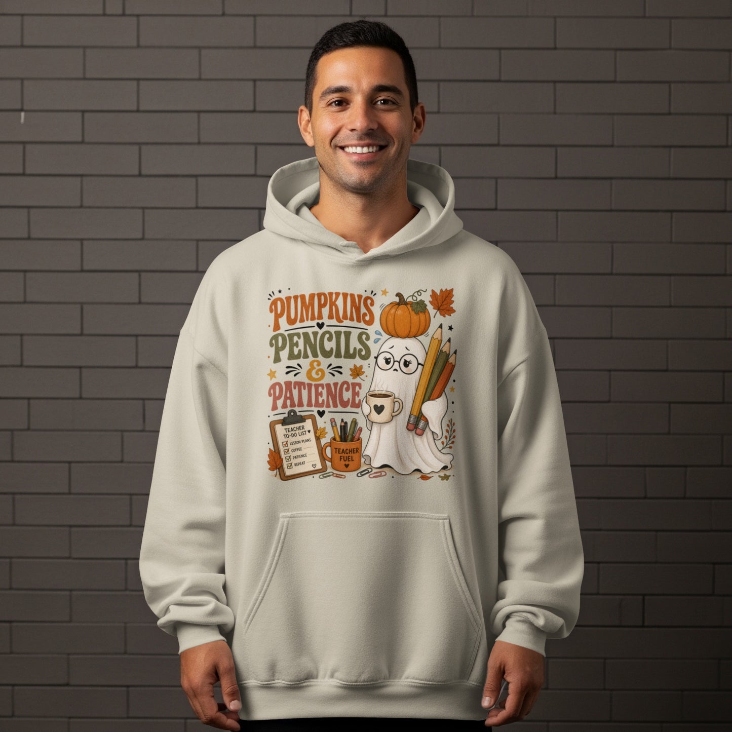 Ghost graphic with pumpkins, pencils, and text: "Pumpkins Pencils & Patience".
