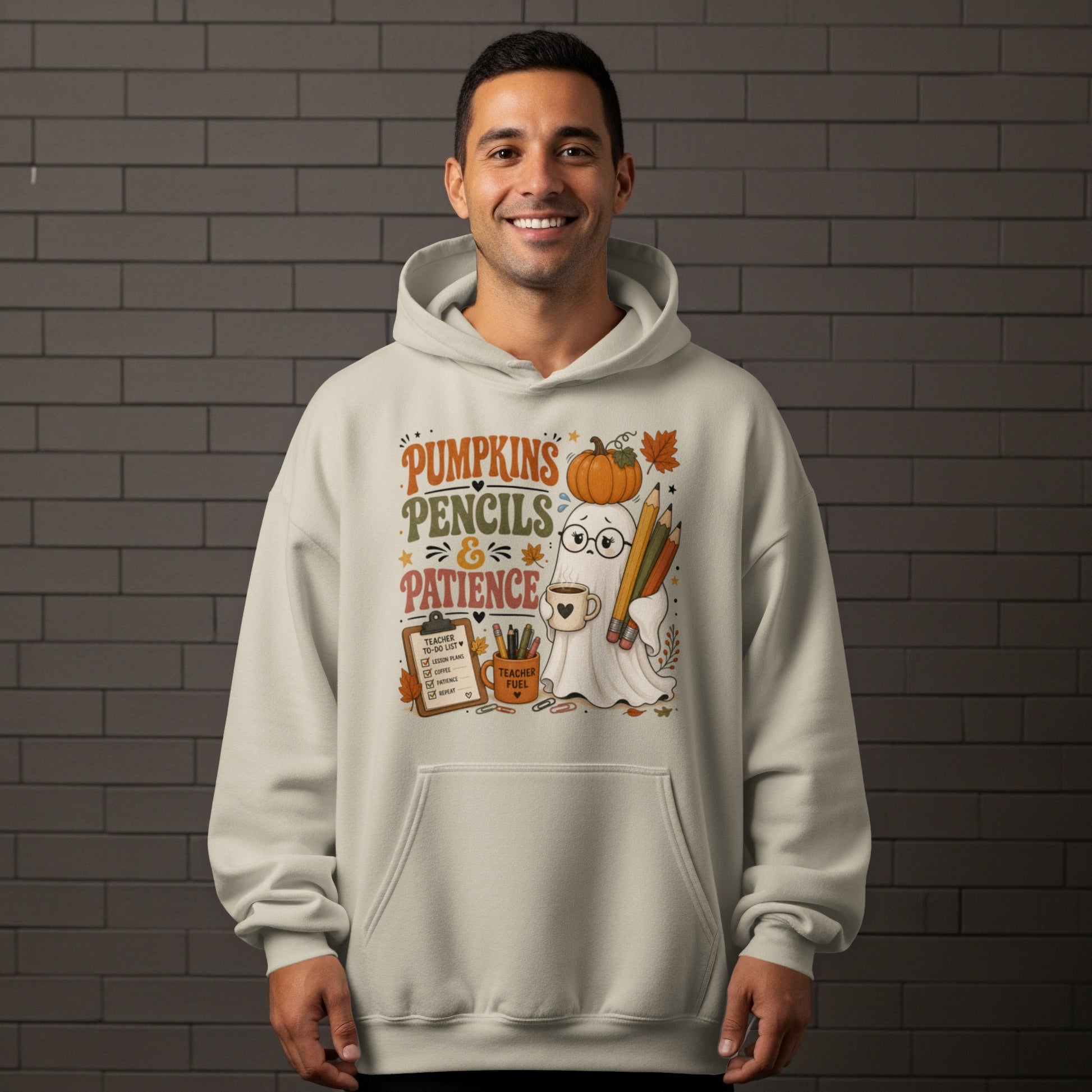 Ghost graphic with pumpkins, pencils, and text: "Pumpkins Pencils & Patience".