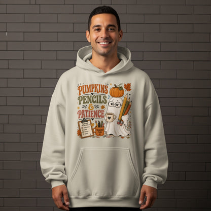 Ghost graphic with pumpkins, pencils, and text: "Pumpkins Pencils & Patience".