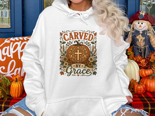 White hoodie with "Carved by Grace" text and a decorative pumpkin design.