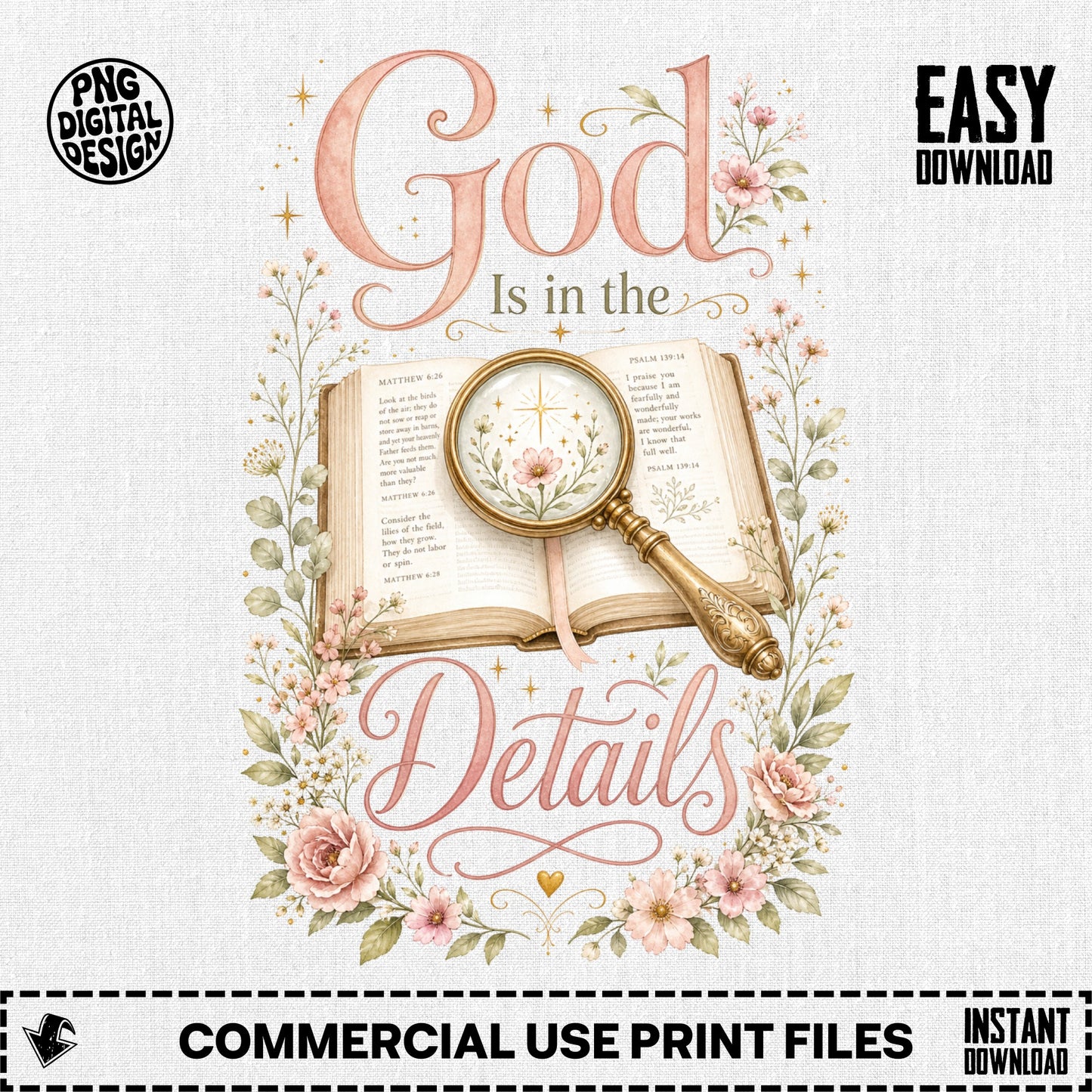 God is in the Details with open Bible, magnifying glass, and floral border.