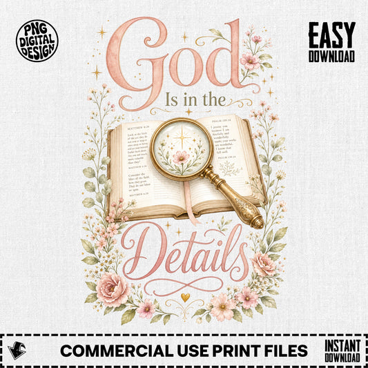 God is in the Details with open Bible, magnifying glass, and floral border.