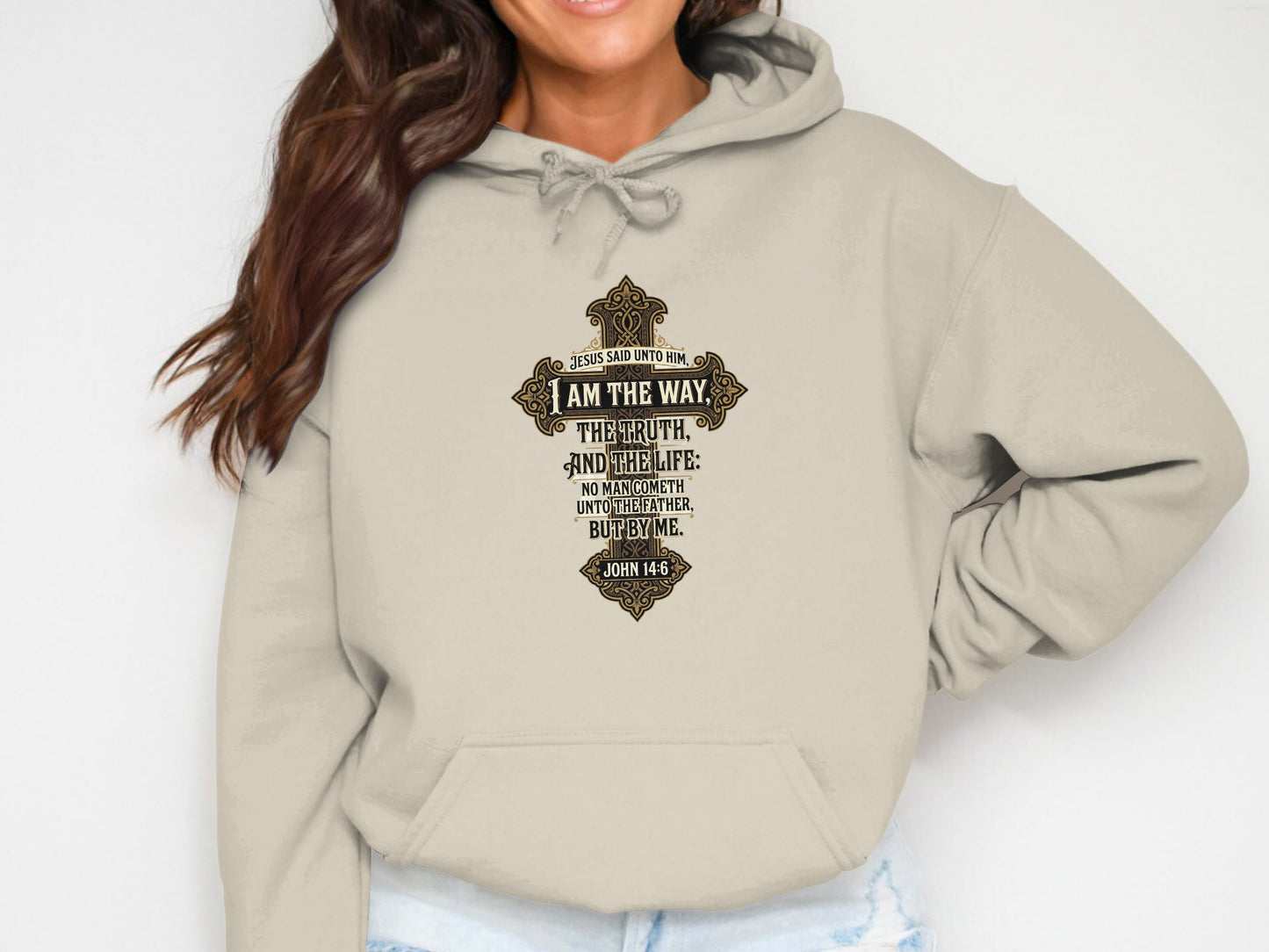 Beige hoodie with a cross graphic featuring Bible verse John 14:6.