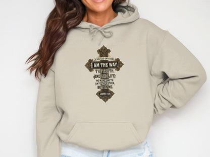 Beige hoodie with a cross graphic featuring Bible verse John 14:6.