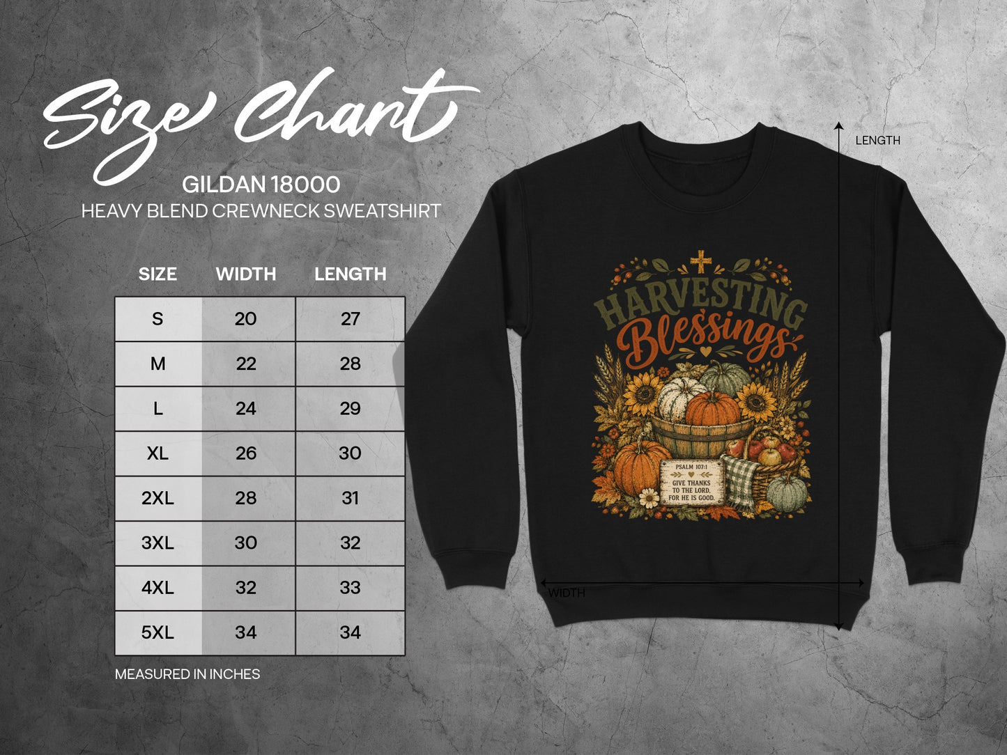 Gildan 18000 sweatshirt size chart with width and length measurements.