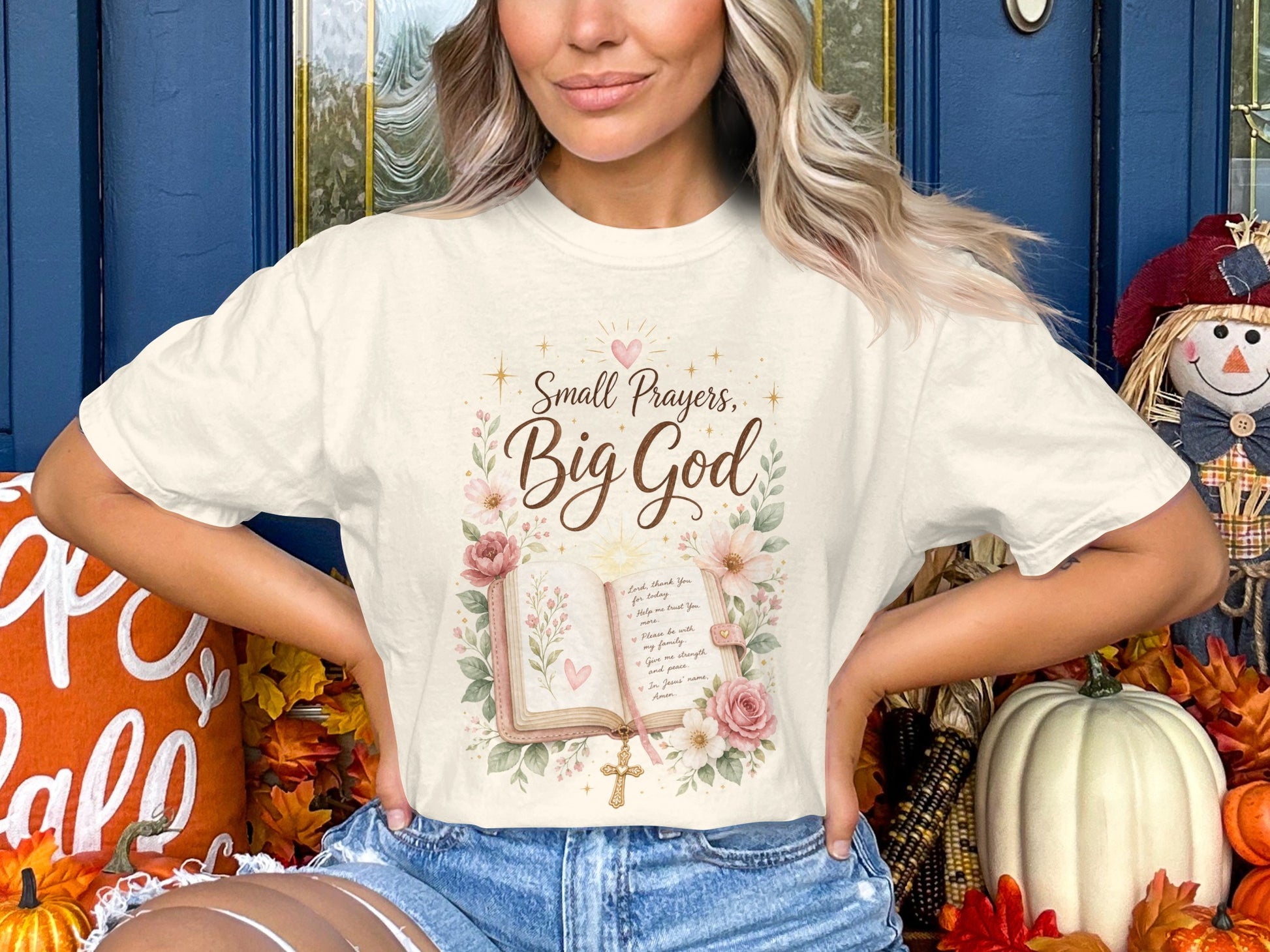 White t-shirt with "Small Prayers, Big God" text and an openBible graphic.