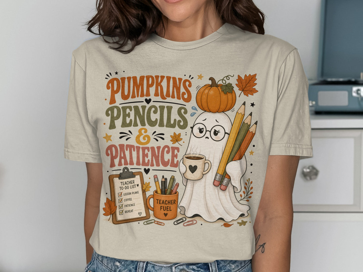 Ghost with pumpkin and pencils, text "Pumpkins Pencils Patience", "Teacher To-Do List", "Teacher Fuel".